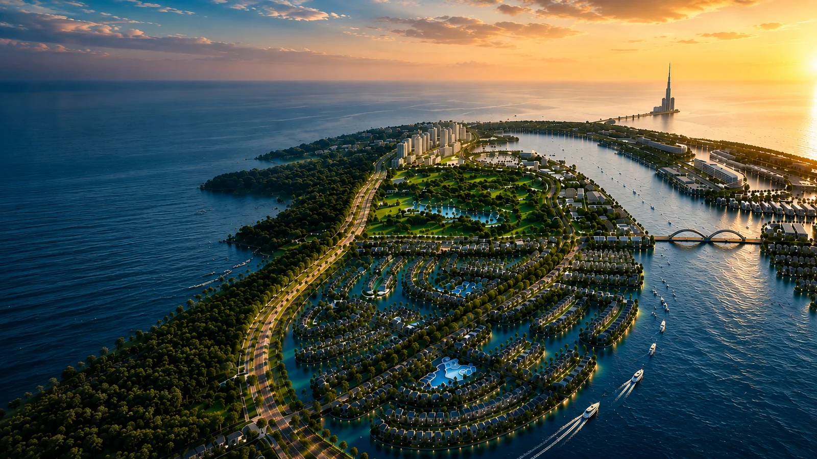 Phối cảnh tổng thể Vinhomes Green Paradise Cần Giờ nhìn từ trên cao với biển, mặt nước, khu nhà ở và cảnh quan xanh lúc hoàng hôn