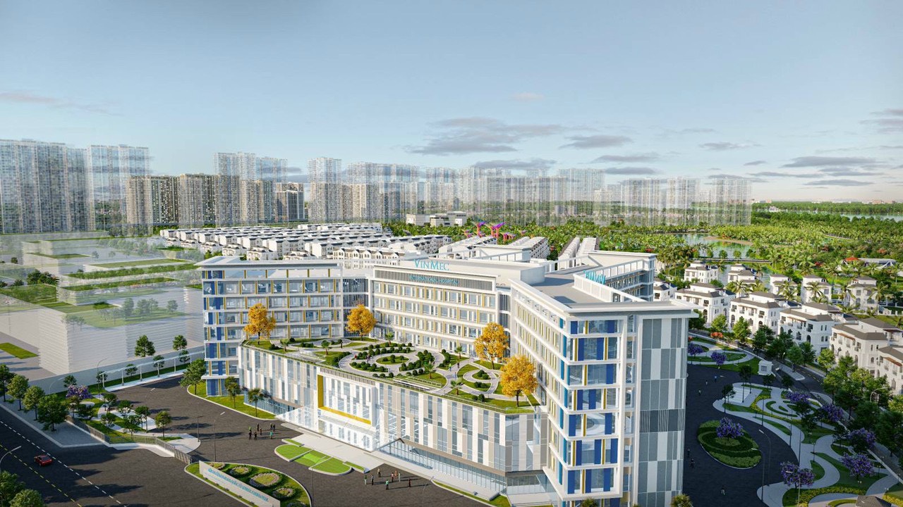 Phối cảnh bệnh viện Vinmec Cần Giờ với khối công trình và cảnh quan cây xanh