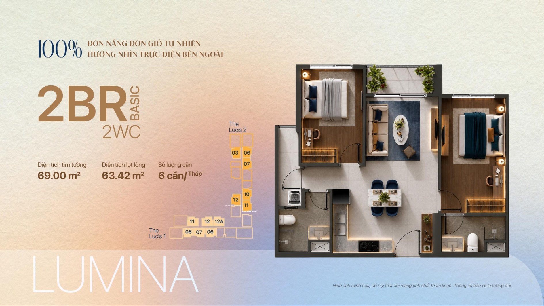 Mặt bằng căn hộ 2 phòng ngủ Basic TT Genesis Nhà Bè
