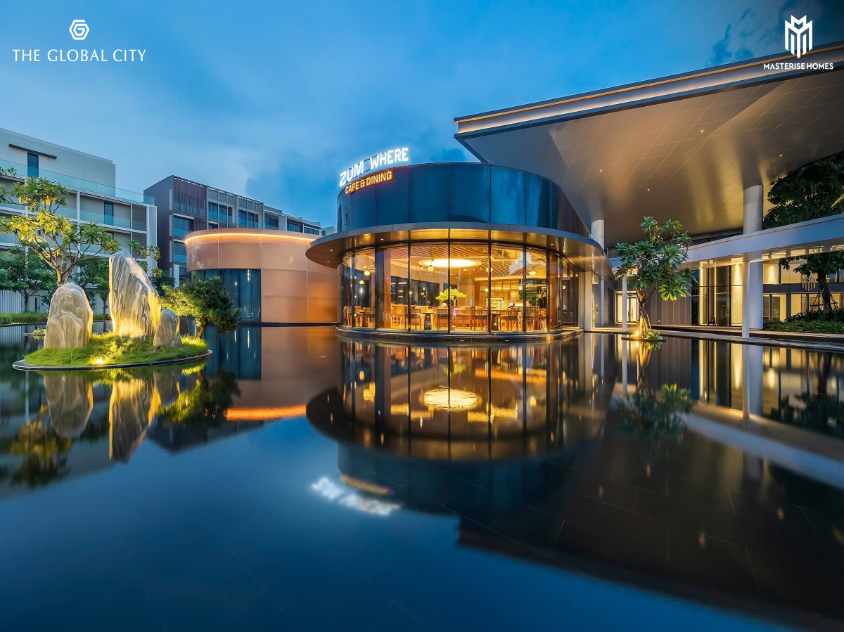 Ảnh thực tế không gian cà phê bên hồ tại The Global City trong bản tin tháng 5 năm 2025