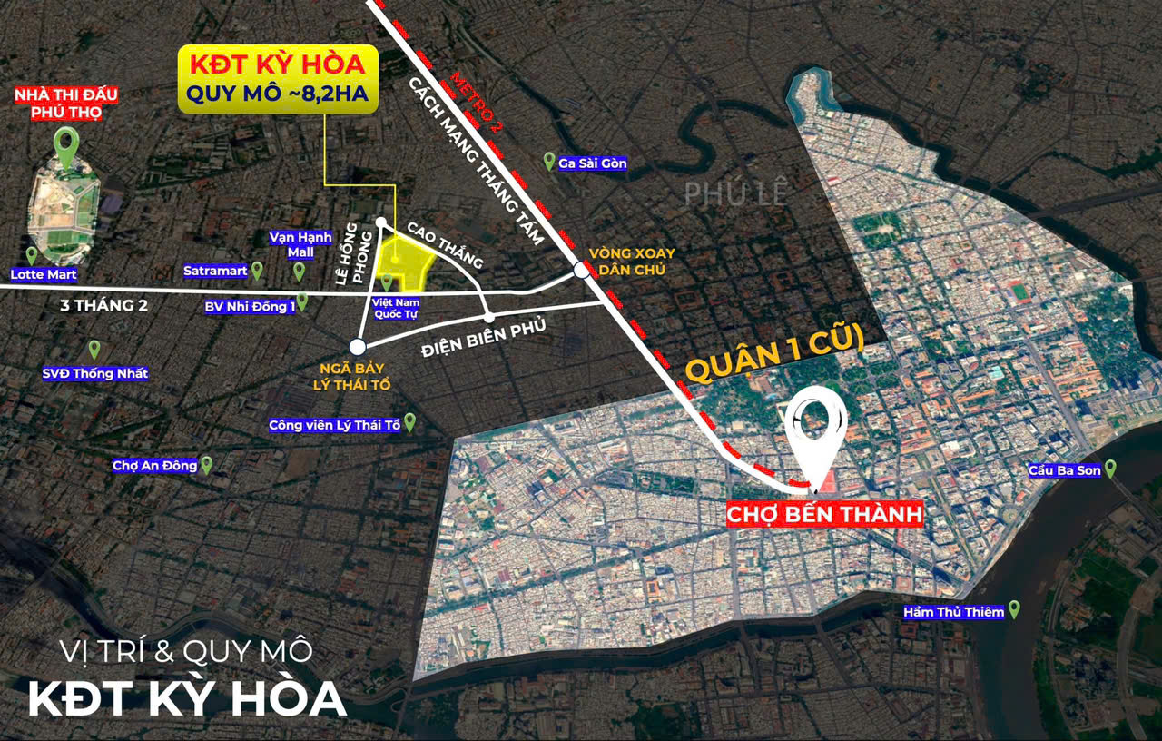 Quy hoạch Vinhomes Kỳ Hòa: bản đồ vị trí khu đất trên đường 3 Tháng 2, phường Hòa Hưng, TP.HCM (hình minh họa)