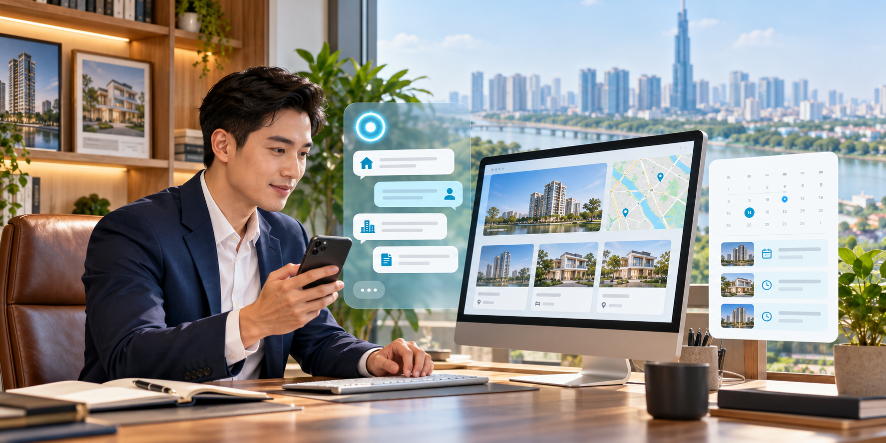 Nhân viên bất động sản dùng giao diện chatbot và lịch hẹn minh họa để hỗ trợ khách hàng