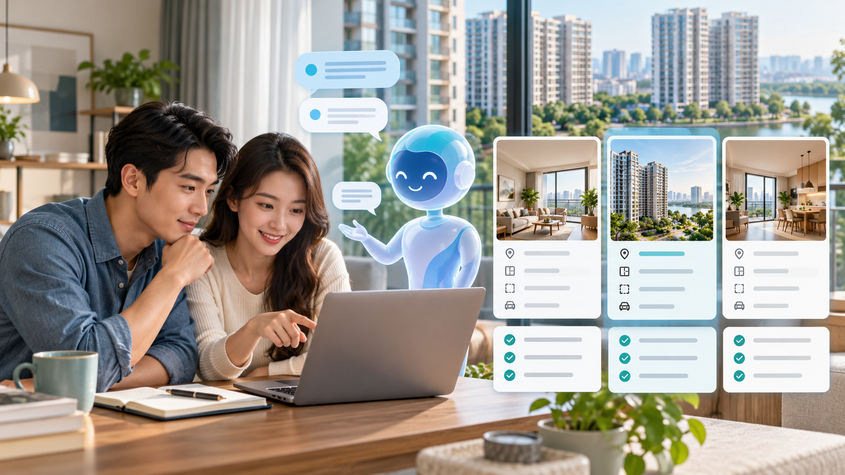 Cặp đôi xem trợ lý AI minh họa và các thẻ so sánh căn hộ trên máy tính