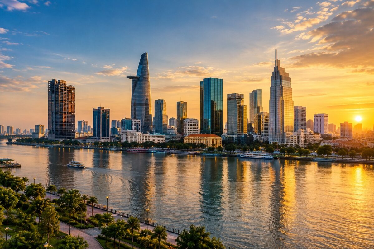 Toàn cảnh đô thị Thành phố Hồ Chí Minh và sông Sài Gòn lúc chiều muộn