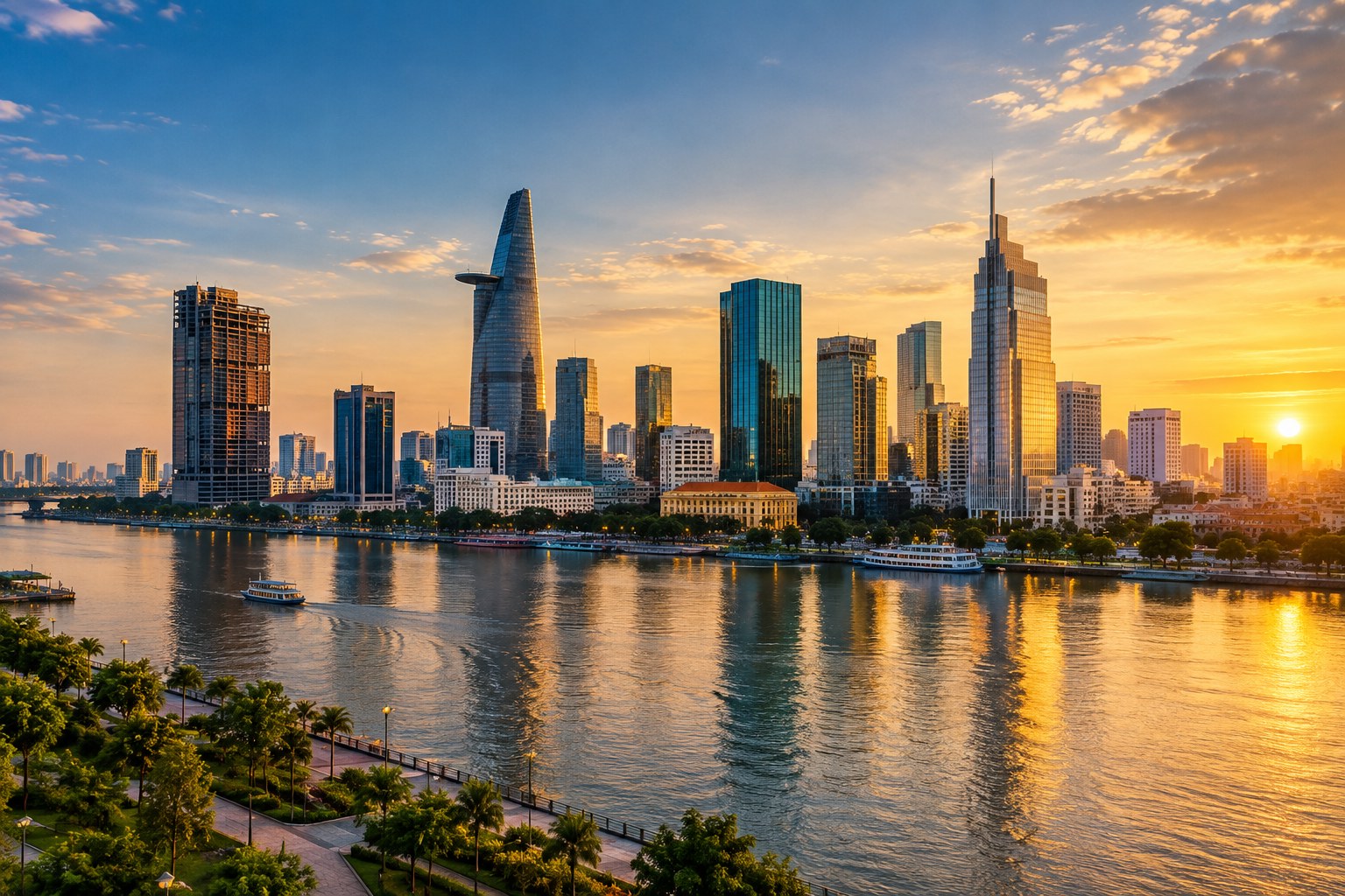 Toàn cảnh đô thị Thành phố Hồ Chí Minh và sông Sài Gòn lúc chiều muộn