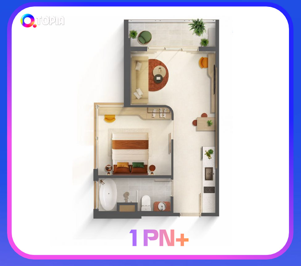 Mặt bằng minh họa căn 1 phòng ngủ Qtopia