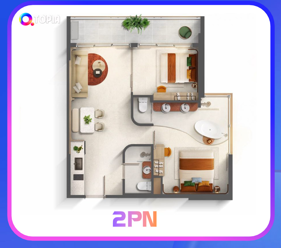 Mặt bằng minh họa căn 2 phòng ngủ Qtopia