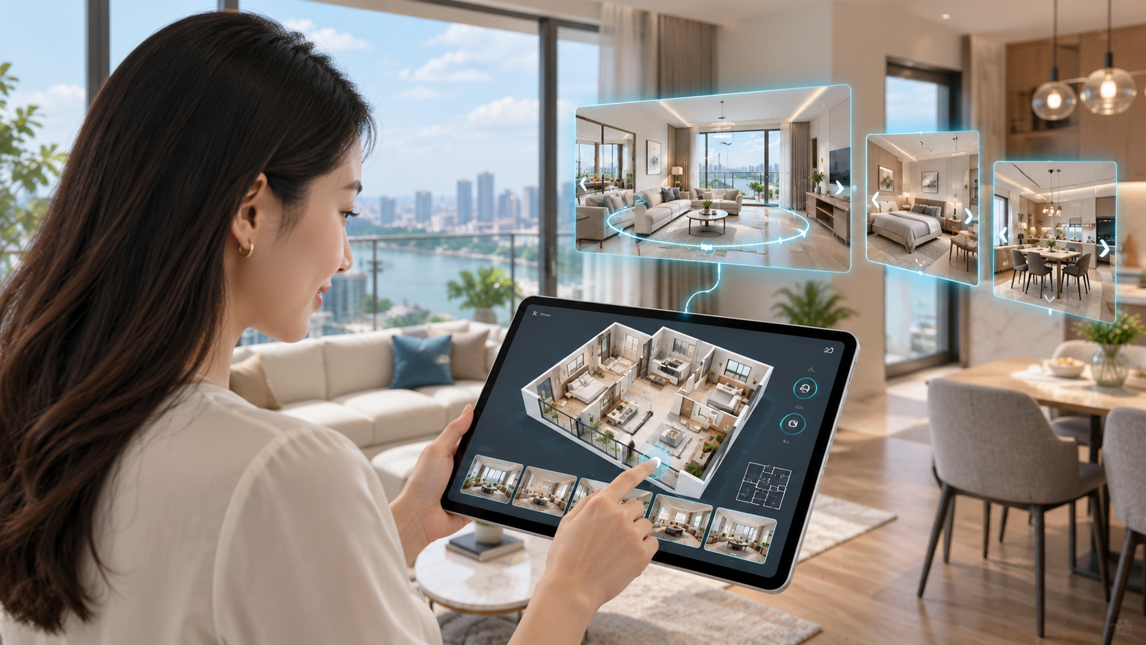 Người mua xem mô hình căn hộ 3D và hình ảnh tham quan 360 độ trên máy tính bảng